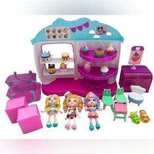 Lot of Shopkins Cupcake Queen Cafe Playset and 3 Shoppies Dolls